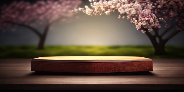 An empty wooden tabletop product demonstration stage with a background of cherry blossoms in spring generative ai