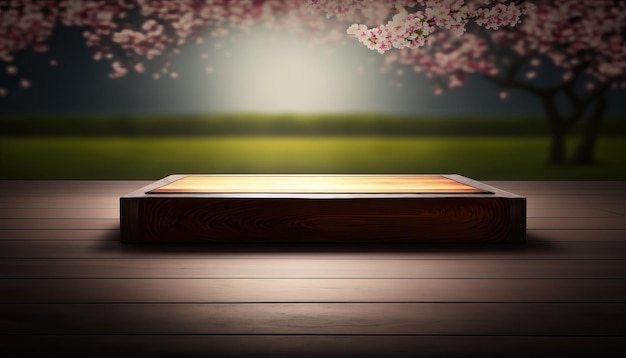 An empty wooden tabletop product demonstration stage with a background of cherry blossoms in spring Generative Ai