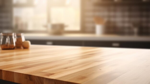 Empty wooden tabletop with blurred kitchen background and copy space