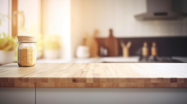 Empty wooden tabletop with blurred kitchen background and copy space