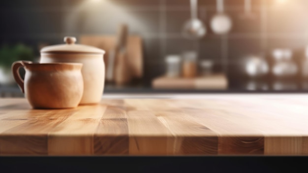 Empty wooden tabletop with blurred kitchen background and copy space