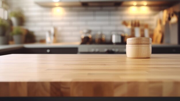 Empty wooden tabletop with blurred kitchen background and copy space