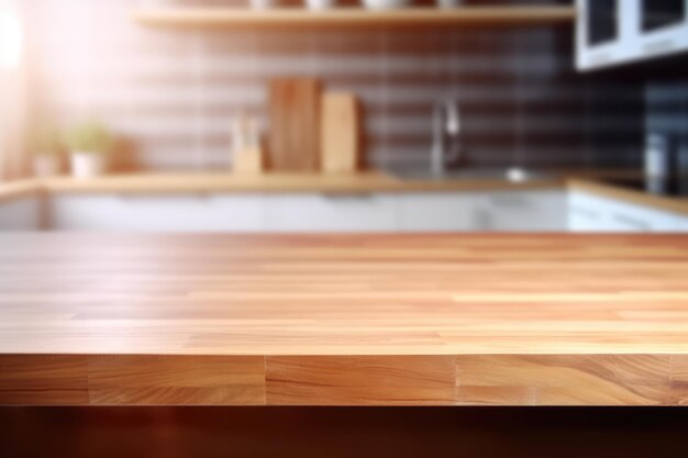 Empty wooden tabletop with blurred kitchen background