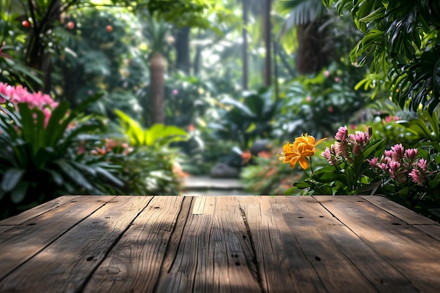 Empty Wooden Tabletop with Blurry Botanical Garden Background