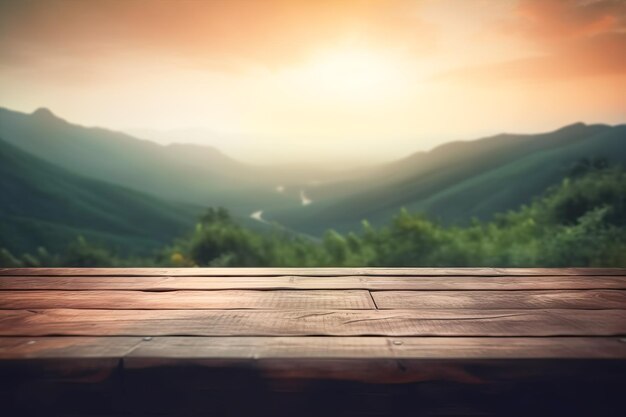 広告やプレゼンテーションのための緑の丘の背景の空の木製のテーブルトップ 選択的なテーブルのトップに焦点を当てる 生成的なAIイラスト