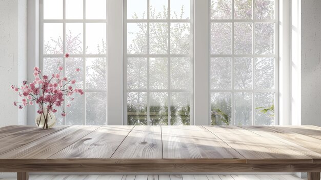 Empty Wooden Tabletop With Spring Window View and Flowers