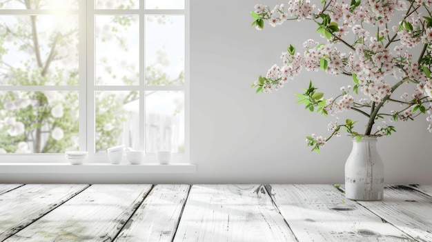 Empty Wooden Tabletop With Spring Window View and Flowers