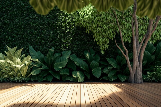 Empty wooden terrace with green wall 3d renderThere are wood plank floor with tropical style tree