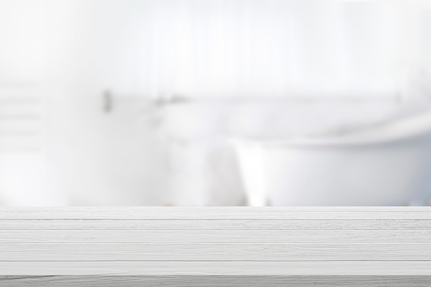 Empty wooden top table with blurred bathroom background.