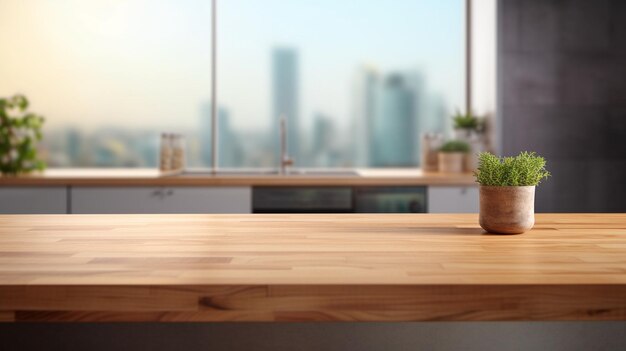 empty wooden top with blurred background of modern kitchen