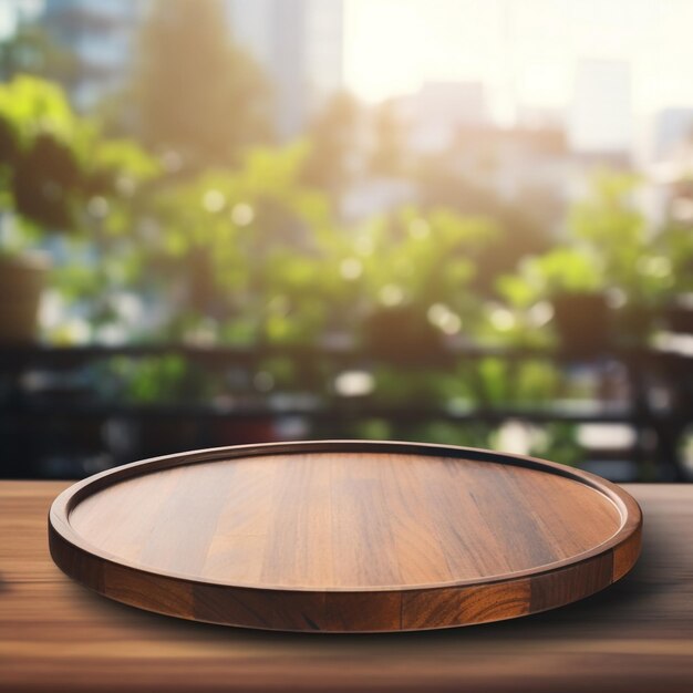 Пустой деревянный поднос на перспективе деревянный стол сверху над размытым фоном генеративный Ai