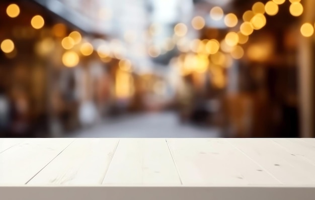 Empty wooden white table and bokeh light of street food market background For product display