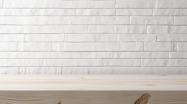 Photo empty wooden white table over white brik wall