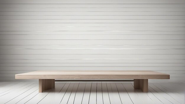 AI가 생성한 흰색 벽 배경 제품 디스플레이 몽타주 위에 빈 나무 흰색 테이블