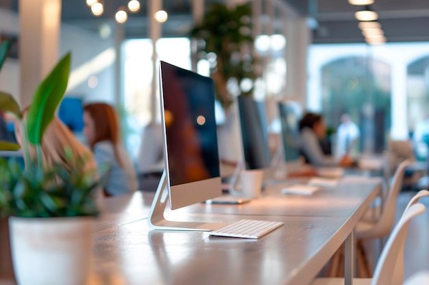 Foto luoghi di lavoro vuoti con computer in un ufficio moderno sullo sfondo i dipendenti stanno lavorando