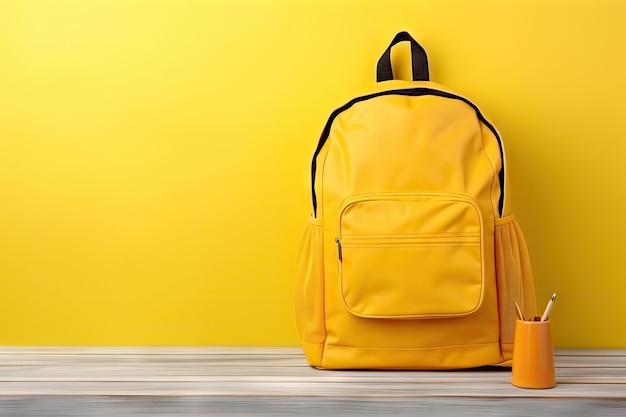 Foto zaino giallo vuoto sul tavolo per materiale scolastico e oggetti educativi