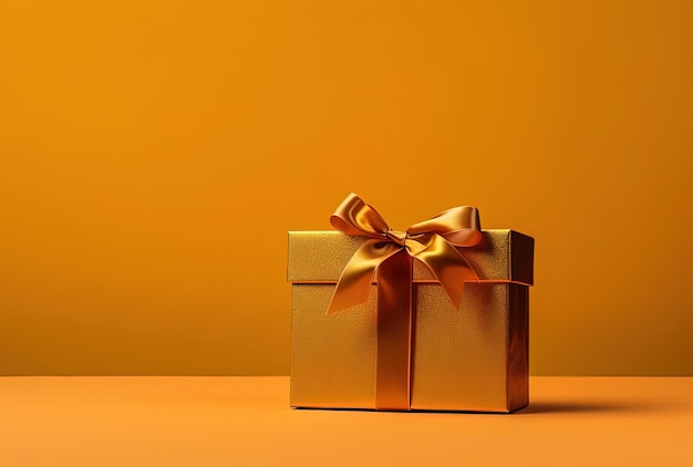 an empty yellow gift box with brown ribbon on a yellow background