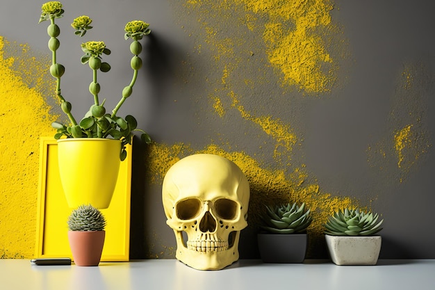 Empty yellow mockup wall and table with flowerpot skull plant and books