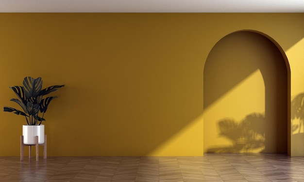 The empty yellow pattern wall in living room interior modern design 3D render