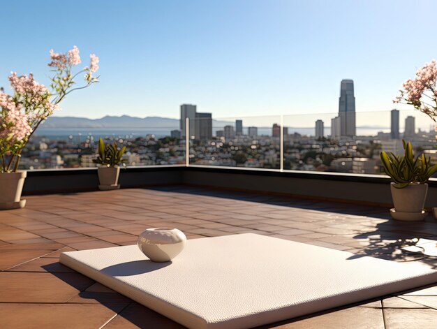 Photo empty yoga mat on the terrace with view of the city generative ai