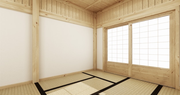 Empty yoga room inteior with tatami mat floor