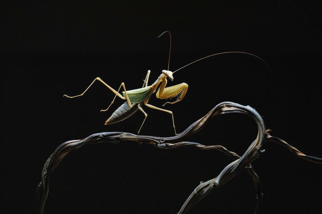 Photo an empusa pennata mantis on a twisted vine silhouette with a dramatic black background