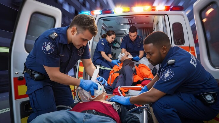 Photo ems paramedics provide medical help to an injured patient on the way to a healthcare hospital emerg