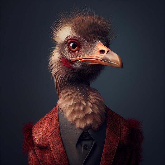 emu bird in smart formal suit and shirt dinner wear red office corporate