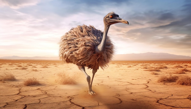An emu walks across a cracked desert landscape