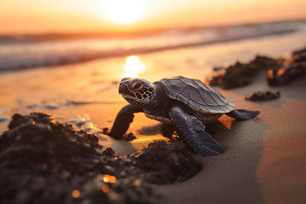 Foto en een sterke kleine baby zeeschildpad.