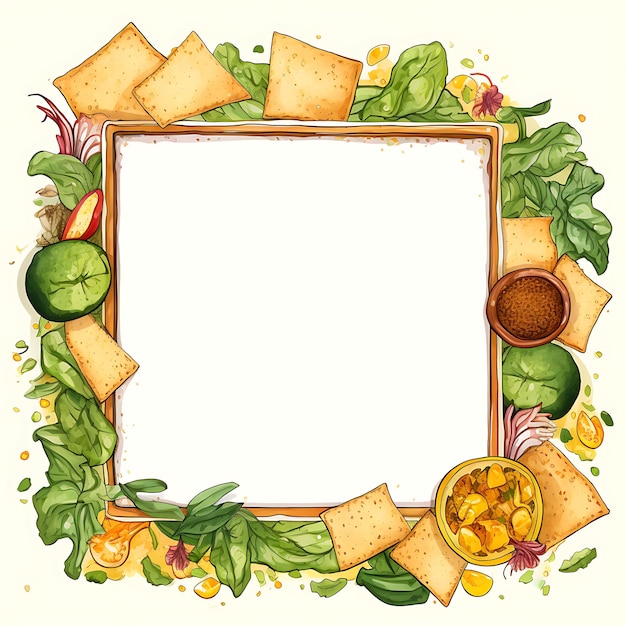 Enameled Brass Frame With Fattoush Salad Crispy Pita Chips a watercolor Nowruz Iran Festival Frame