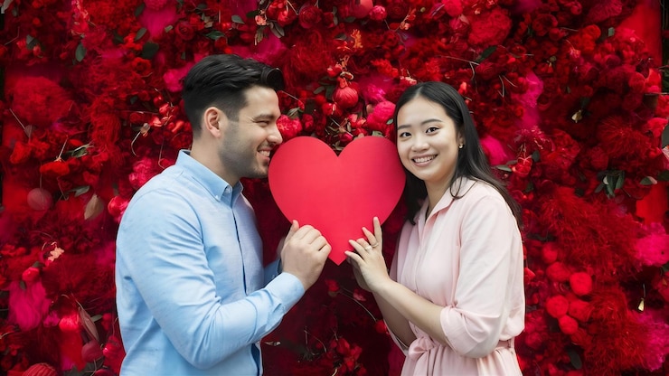 Photo enamored couple posing with red heart