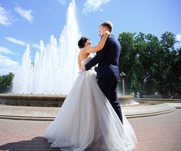 Enamoured groom and the bride against a fountain