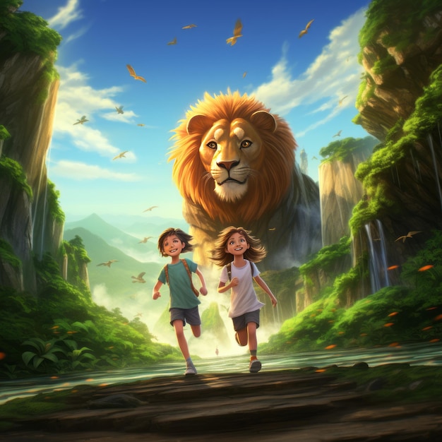 Enchanted adventure un viaggio di anime in 3d con due ragazze un ragazzo e maestose meraviglie della natura