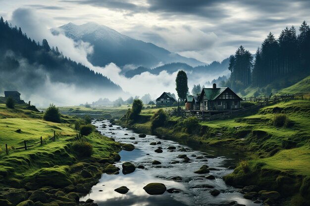 Foto enchanted alpine village by mountain river ia generativa