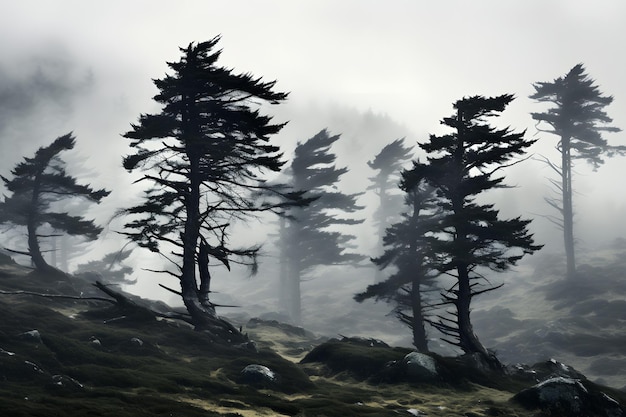 霧の中の魅惑的な高山の森の木々