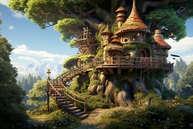 Enchanted Arboreal Abode 3D Renders in Fairy Tale Illustration Style