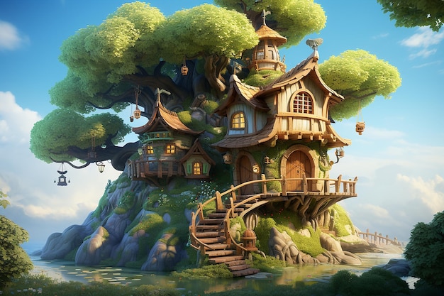 Enchanted Arboreal Abode 3D Renders in Fairy Tale Illustration Style