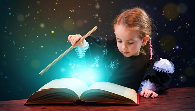 Фото Зачарованное начало. маленький волшебник. тренировка с палочкой и книгой заклинаний. отправляясь в путешествие.