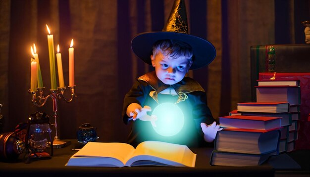 Foto inizi incantati piccolo mago in allenamento con bacchetta magica e libro degli incantesimi intraprende il viaggio