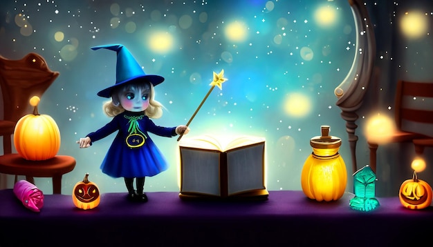 Foto inizi incantati piccolo mago in allenamento con bacchetta magica e libro degli incantesimi intraprende il viaggio