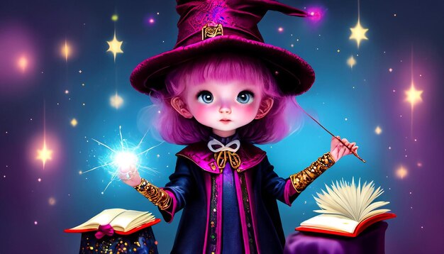 Photo enchanted beginnings tiny magicianintraining with wand and spellbook embarking on the journey