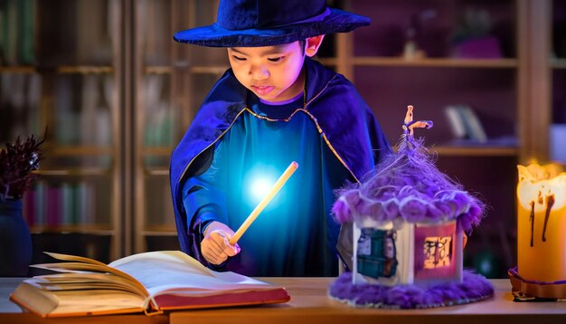 Photo enchanted beginnings tiny magicianintraining with wand and spellbook embarking on the journey