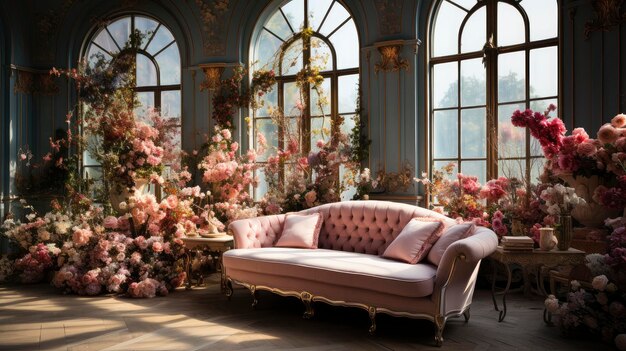 Enchanted Blossom Conservatory Een luxe vintage bank midden in een bloemenwonderland