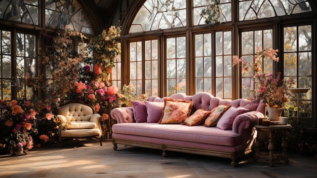 Foto enchanted blossom conservatory un lussuoso divano d'epoca in mezzo a un paese delle meraviglie floreali
