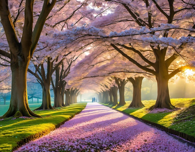 Enchanted Cherry Blossoms at Sunset Pathway