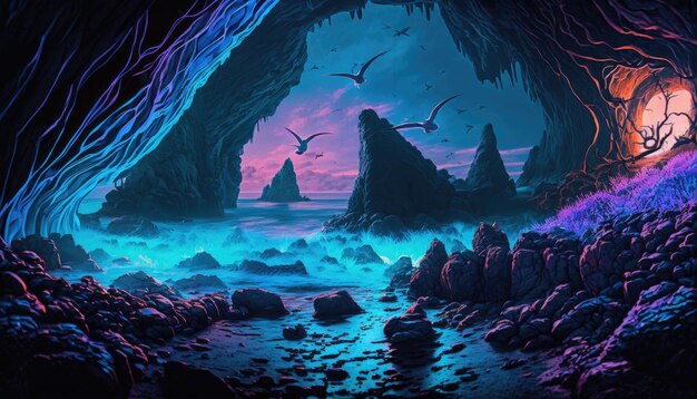 Enchanted Coastline Мистическая флуоресцентная фэнтези Генеративный ИИ