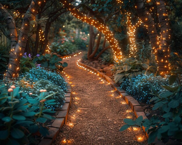 Photo enchanted cottage garden with a path lined by fairy lights the lights blur into flora