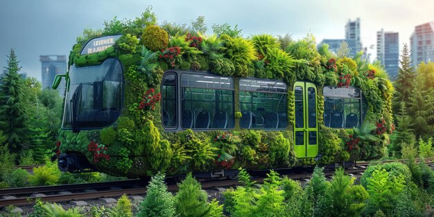 Photo enchanted eco express lush green train gliding through natures embrace