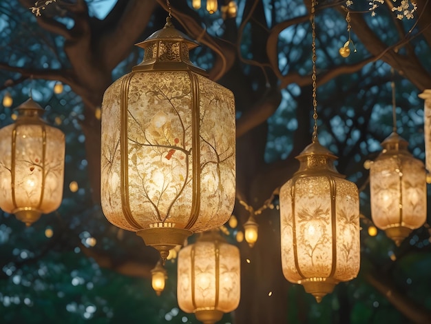 Зачарованные вечерние огни через изящные роскошные золотые фонари, висящие на дереве.